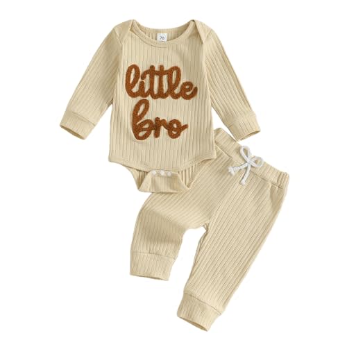 Tsnbre Baby Boy Clothes Little Brother Embroidery Ribbed Long Sleeve Romper Pants Set Newborn Fall Winter Outfits