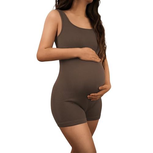 AIBIANOCEL Women's Maternity Bodysuit Pregnancy Shapewear Sleeveless Tank Top Shorts Ribbed Romper Jumpsuit
