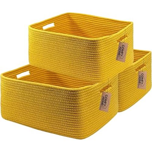 COMFY-HOMI 3 pcs Large Storage Baskets for Shelves, Laundry Basket, Woven Rope Basket, Closet Organizer Bins for Clothes Blanket Towels, Baby Nursery, Gift Toy Baskets, 17” x 13” x 7.5”-Yellow