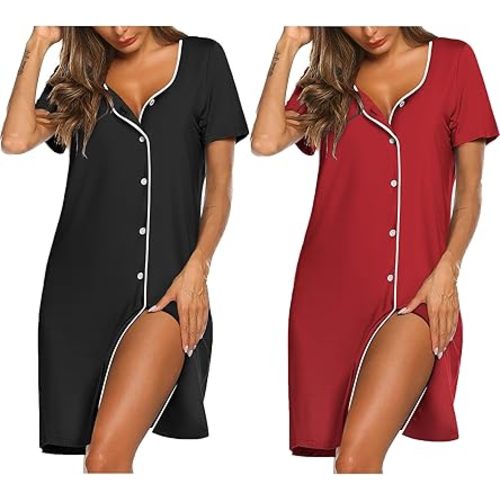 Ekouaer Nightgowns for Women 2 Pack Button Down Sleepshirt Short Sleeve Nightshirt Soft Sleepwear V Neck Pajama Dress