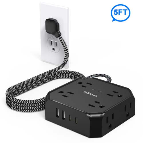 Power Strip Surge Protector Flat Plug 5ft Extension Cord with 3-Side 4 USB Ports(2 USB C Charger) and 6 Outlets, Compact & Small, 1050J, Wall Mount for Home Office Dorm Indoor, Black