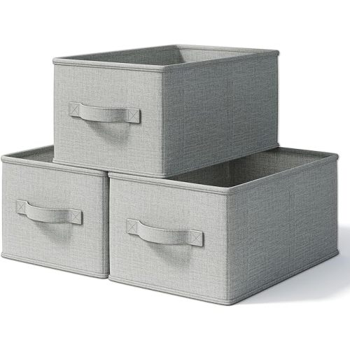 3 Pack Fabric Storage Bins for Shelves | 14.75x10.25x8.25 in Storage Baskets | Fabric Closet Organizers with Handles Home Organization | Linen Clothes Storage Bins | Light Gray