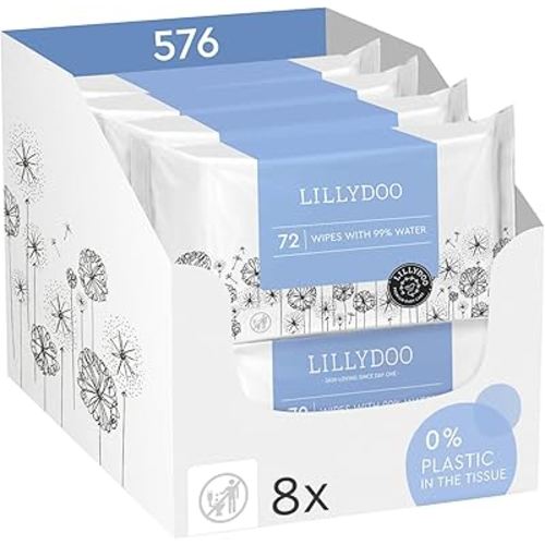 LILLYDOO Baby Wipes with 99% Water – Unscented, Hypoallergenic, Plant-Based, Strong & Plastic-Free, Compostable, 8 resealable Packs x 72 (576 Wipes Total)