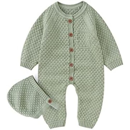 mimixiong Cotton Baby Romper Newborn Baby Knitted Clothes Longsleeve Sweater Outfit for Boy and Girls with Warm Hat Set