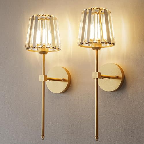 Crystal Battery Operated Wall Sconces Set of 2, Gold Sconces Wall Decor
