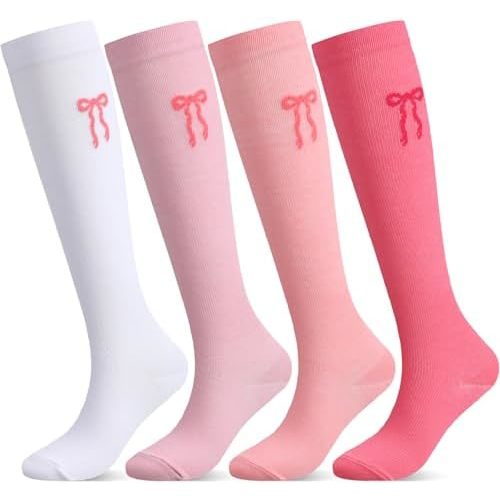 4 Pairs Compression Socks Women Bow Cotton 20-30 Mmhg Knee High Graduated Circulation Support Sock for Nurse Flying