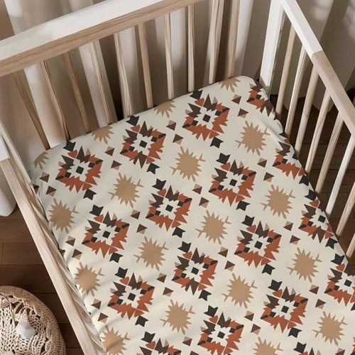 Native American Geometric Pattern Baby Sheets for Crib, Unisex Western Tribal Nursery Fitted Bed Sheet for Boys Girls Standard Crib and Toddler Mattress-28x52