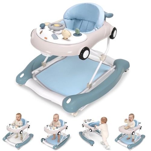 5-in-1 Convertible Baby Walker with Steering Wheel Music Activity Center – Infant Rocker, Jumper, Push Walker, Bouncer & Feeding Foldable Walker for Ages 6-18 Months Boys Girls (Haze Blue)