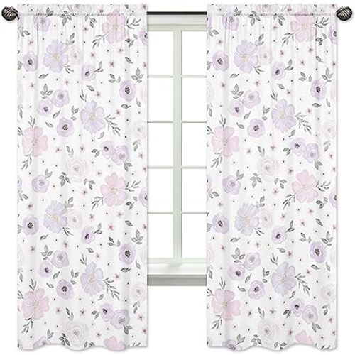 Sweet Jojo Designs Lavender Purple, Pink, Grey and White Window Treatment Panels Curtains for Watercolor Floral Collection - Set of 2 - Rose Flower