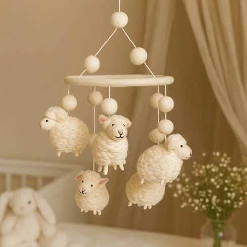 Luxury Handmade Felt Baby Cot Mobile - White Fluffy Sheep, Farm, Country. Infant Crib.