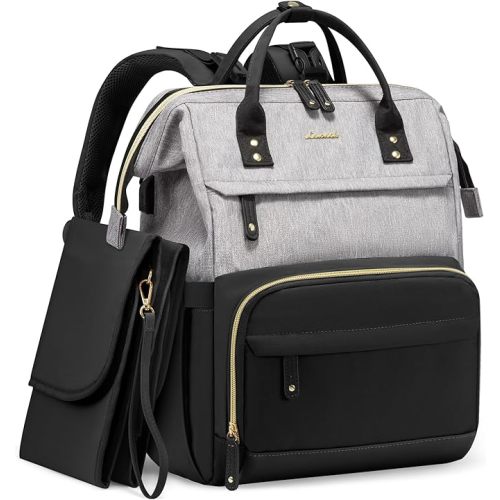 LOVEVOOK Diaper Bag Backpack, Baby Bag with Changing Station, Large Diaper Backpack for Mom Dads, Waterproof Leather Mommy Bag for Boy and Girl, Travel Essential Baby Shower, Black-Grey
