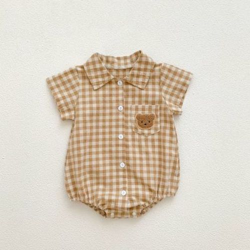 MyKids-USA Summer Arrival Baby Boys Plaid and Teddy Bear Pattern Short Sleeves bodysuit with Turn-down Collar Khaki 73 (6-9M)