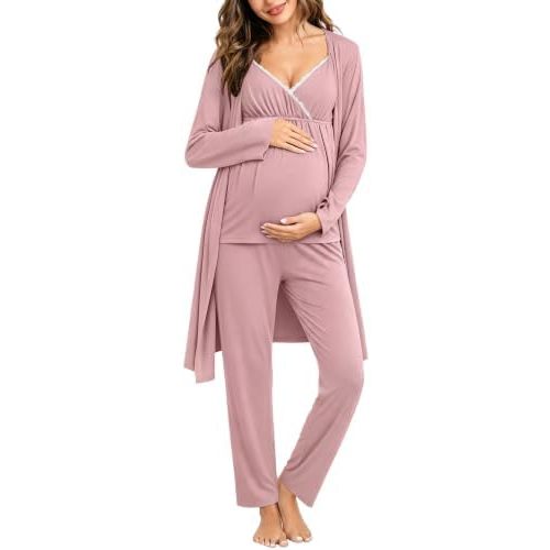 SWOMOG Maternity Nursing Robe Set 3 Piece Breastfeeding Pajamas 3 in 1 Labor Delivery Sleevless Tops&Long Pants Pregnancy Pjs