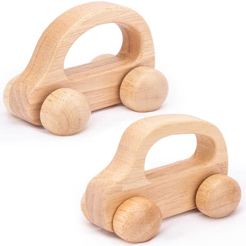 2 PCS Wooden Baby Car Toys for Toddlers 1-3 Years Old, Montessori Wooden Cars for Babies 0-6-12 Months, Neutral Wood Car Toys for Boys, Baby Nursery Decor, Early Learning Kids Wood Toys