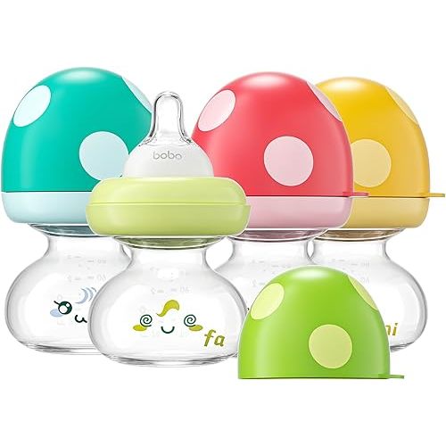 YOHKOH Newborn Glass Baby Bottles with Slow Flow Nipple for 0+ Months, Wide Neck Feeding Bottle, 2.7oz/80ml (Multicolour, 2.7oz (Pack of 4))