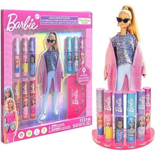 Townley Girl Barbie Lip Gloss with Acrylic Stand for Storage and Display, Plant Based Lip Gloss, Perfect for Parties, Sleepovers, Makeovers, Birthday Gift for Girls, Age 3