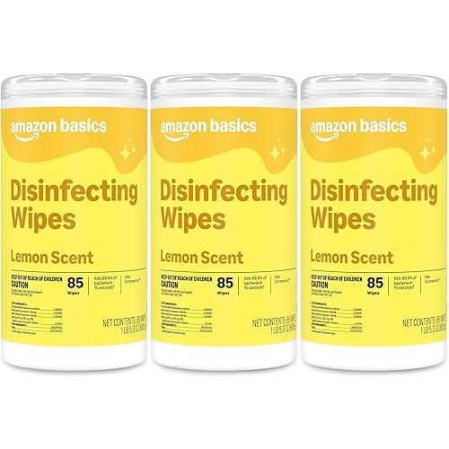 Amazon Basics Disinfecting Wipes, Lemon Scent, for Sanitizing, Cleaning & Deodorizing, 255 Count (3 Packs of 85), Packaging May Vary