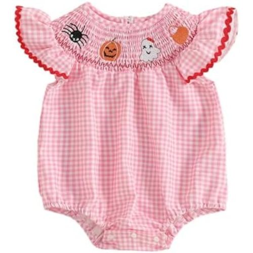 Kayotuas Newborn Baby Girls Halloween Outfit Smocked Bubble Romper Embroidery Pumpkin Ghost Bodysuit Toddler Fall Clothes