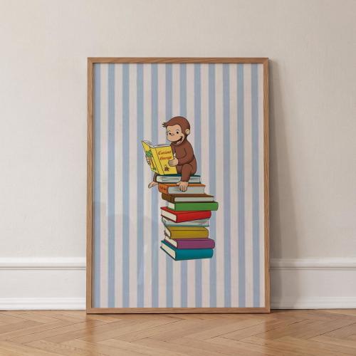 Curious George Poster, Book Stack Reading Print, Kids Library Wall Art, Nursery Decor, Children Book Fan Gift, Playroom Artwork Wall Print