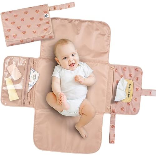 Tiny Twinkle Portable Diaper Changing Pad | Waterproof, Wipeable & Compact Baby Changing Pad for Travel | Smart Wipes Pocket & Organized Storage| Newborn Shower Gift(Boho Rainbow)