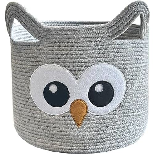 VK VK·LIVING Owl Storage Basket for Gift Foldable Cute Nursery Animal Toy Basket with Handles, Large Cotton Rope Baby Laundry Storage Organizer for Blanket Towels in Living Room Bedroom 15"Lx14"H
