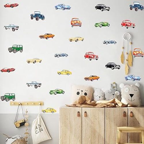 XUOIAYNB Watercolor Classic Car Wall Stickers, Retro Racecar Off-Road Vehicle Vinyl Wall Decals, Removable Vintage Car Artwork Wall Art for Boys Bedroom Playroom Decor