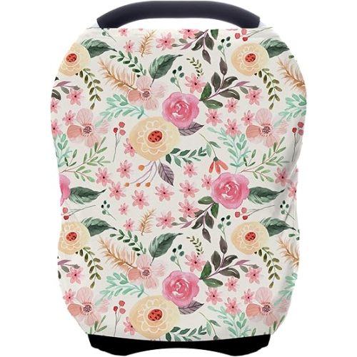 Nursing Carseat Canopy Breastfeeding Cover - Multi-use Stretchy Car Seat Covers for Babies, Baby Shower Gifts (Pink Floral)