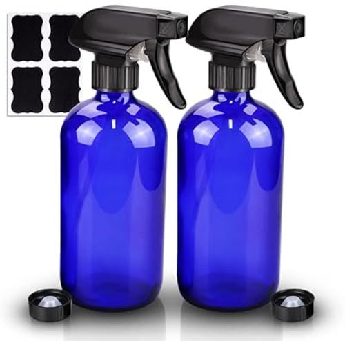 Wedama Glass Spray Bottle, 2 Pack Blue 16 oz Glass Spray Bottles for Cleaning Solutions and Essential Oils, Refillable Empty Spray Bottle with Adjustable Nozzles for Alcohol, Plant and Hair Care