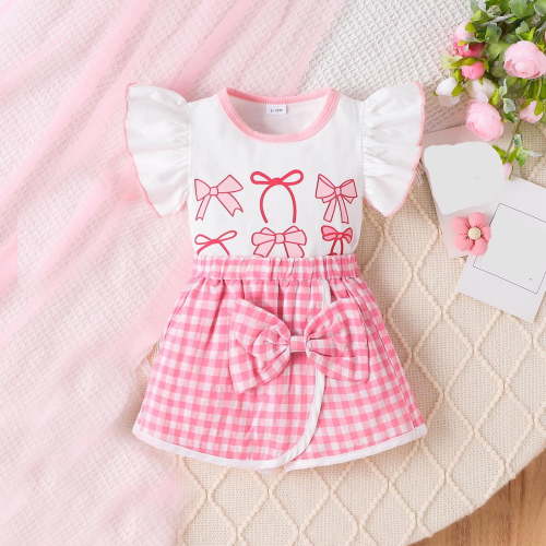 Placlothes Girls Pink Floral Short Sleeve Shirt Tops with Bow Two Piece Outfit Set for Little Kids Size 9 Months Summer Fall Skirt Birthday Cotton Outfits