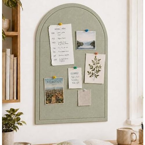 Large Arched Felt Bulletin Board, Sized 36" x 24" for Office & Wall Decor – 6 Customizable Adhesive Tiles with Pins are Perfect to Display Your Photos (Sage Green-B)