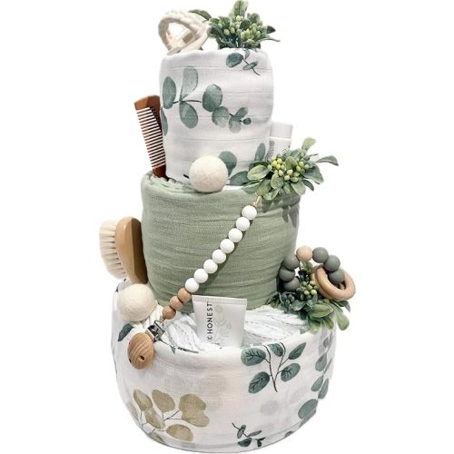 Eucalyptus Sage Diaper Cake - Handmade Baby Shower Gift, Unisex Diaper Cake, Gender Neutral, Boy, Girl Diaper Cake, Green, Nature Diaper Cake - Tumbleweed Babies