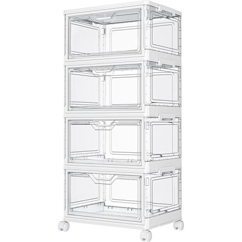 Clear Storage Bins with Lids,4 Tier Plastic Bins with Wheels,Stackable Storage Bin,Closet Organizers Box for Bedroom,Living Room,Toy,23 QT Folding Box with Magnetic door