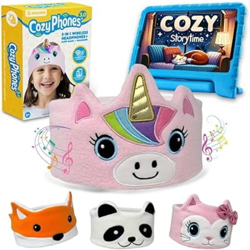 Toddler Headphones Wireless, Kids Bluetooth Earphones, Safe Volume - Wired School Headphones for Kids with 3.5 MM Jack and Travel Bag - Toddler Airplane Accessories for Boys & Girls - Pink Unicorn
