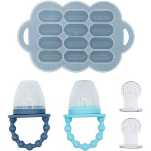 WeeSprout Silicone Baby Food Feeders with Freezer Tray - Set of 2 (Bright Blue/Navy) + Bright Navy Tray