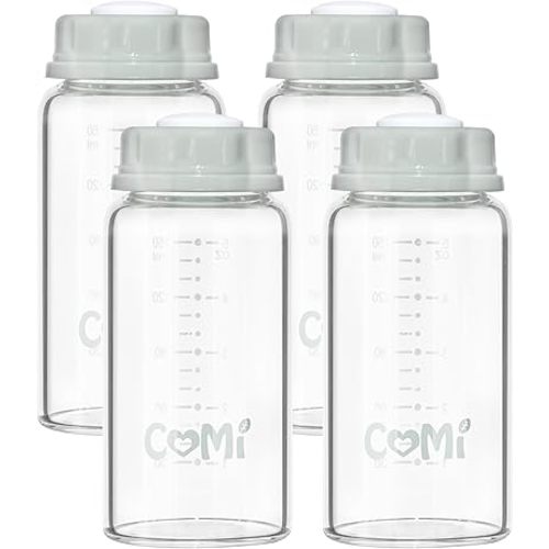 COMI Natural Glass Baby Bottle,Standard Neck Breastmilk Storage Bottle for Fridge,Breast Milk Container,Breast Pump Bottle Compatible with Medela Breast Pump,BPA Free,4PCS(5.1oz,4 Gray Lids)