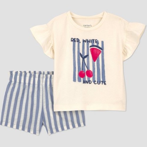 Carter's Just One You® Baby Girls' 2pc Striped Fruit Graphic 4th of July T-Shirt and Shorts Set - Blue/Ivory/Red 3M