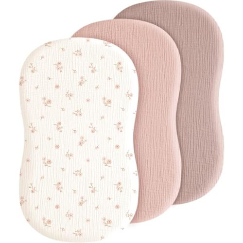 Baby Bassinet Sheets 3 Pack for Boys & Girls, Soft Breathable Muslin Cotton Bassinet Mattress Cover, Universal Fit for Hourglass, Oval, and Rectangle Mattress (Daisy Petal)