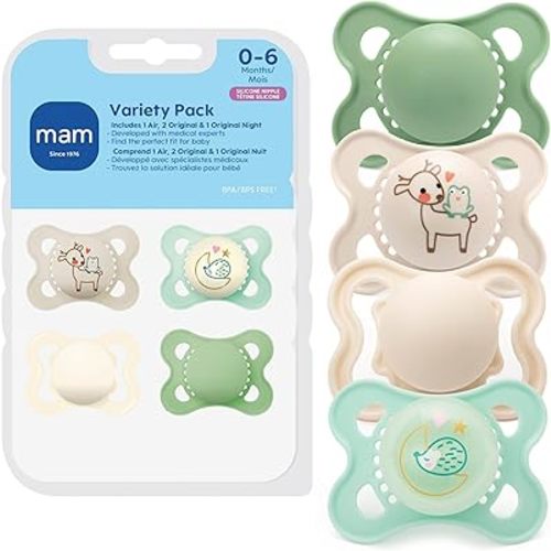 MAM Variety Pack Baby Pacifier, Includes 3 Types of Pacifiers, Nipple Shape is Developed with Dentists, 0-6 Months, Unisex, 4 Count (Pack of 1)