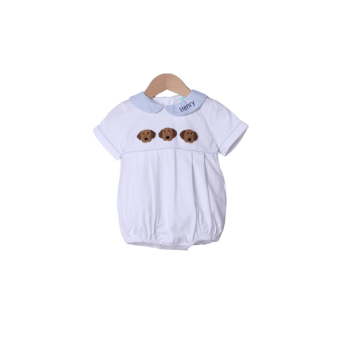 French Knot Puppy Blue Gingham White Knit Bubble