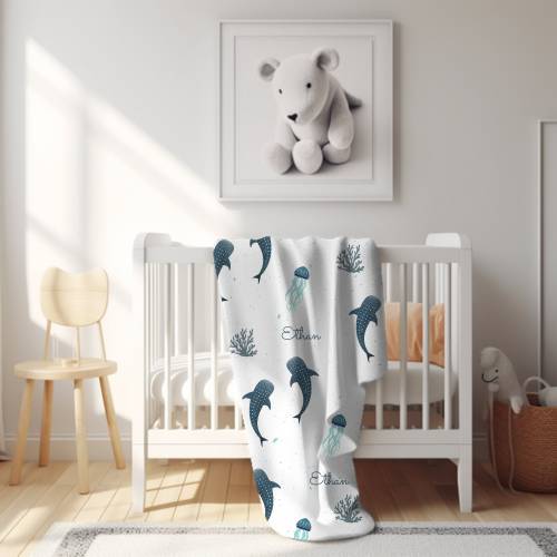 Personalized Whale Shark blanket, Ocean nursery, Baby boy Shower Gift, shark lover gift, white shark, shark week, shark decor, blue nursery
