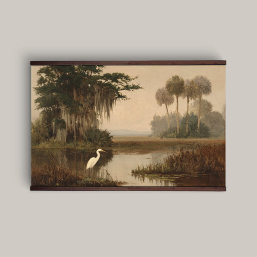 East Urban Home Coastal Landscape Wall Art, Egret Marsh Canvas, Southern Lowcountry Scene, Neutral Farmhouse Wall Decor, Vintage Nature Painting for Living Room | Wayfair
