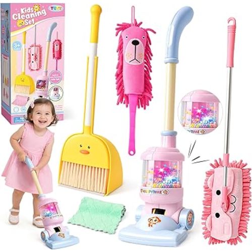 TUZT Kids Cleaning Toys Playset for Ages 2-4, Compact 6-Piece Pretend Vacuum with Light & Sound (No Suction), Animal Broom Mop Set for Toddlers, Apartment-Friendly Educational Role Play Gift