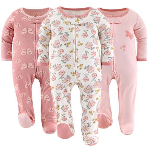 The Peanutshell Sleep n Play Boho Butterfly Footed Pajamas for Baby Girls Set, 6-9 Months, 3-Pack