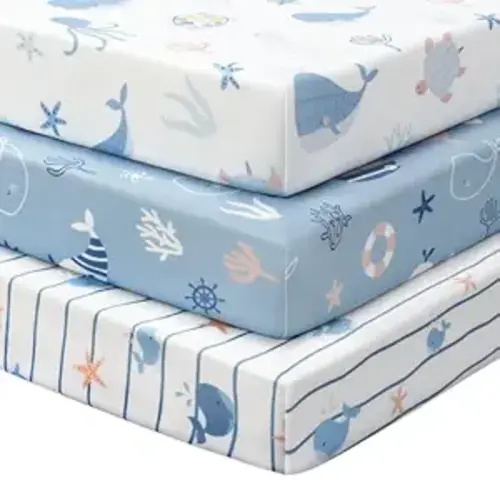 Baby Crib Sheets for Boys and Girls, 3 Pack Toddler Bed Sheets for 52”x28” Standard Toddler Mattresses, Soft Microfiber Fitted Crib Sheets Neutral Blue Ocean Whale