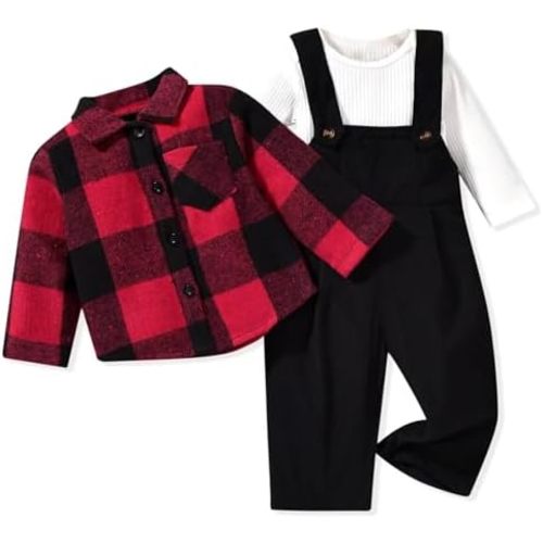 Unutiylo Toddler Baby Boy Clothes Set Infant Boy Overalls Outfit Fall Winter Long Sleeve Romper+Suspender Pants+Plaid Jacket