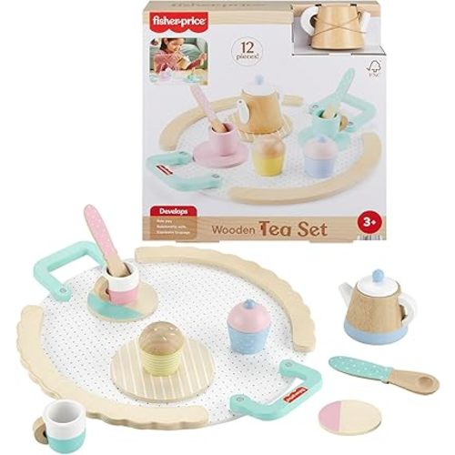 Fisher-Price Wood Pretend Play Toy Tea Set, 12-Piece Wooden Playset with Teapot, Cups & Saucers for Preschool Kids Ages 3+ Years