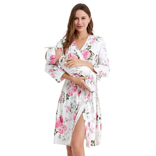 Galabloomer Maternity Robe and Baby Receiving Blanket, Matching Mommy Labor Delivery Robe and Swaddle Set