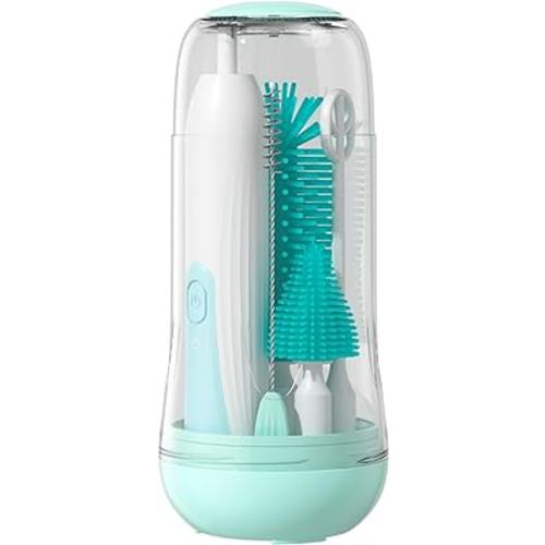 Winforhour Travel Electric Baby Bottle Brush Set with Electric Bottle Cleaner and Water Bottle Brush and Nipple/Straw Brush,Milk Frother and Drying Rack(Green)