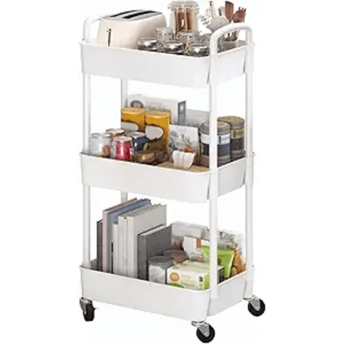 Sywhitta 3-Tier Plastic Rolling Utility Cart with Handle, Multi-Functional Storage Trolley for Office, Living Room, Kitchen, Movable Storage Organizer with Wheels, White