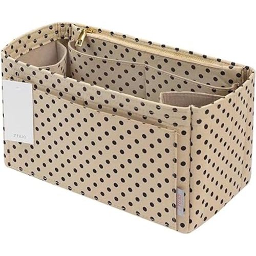 ZTUJO Purse Organizer Insert For Handbags, Silky Touching Bag Organizer Insert With Bottle Holder, Perfect for Speedy, Neverfull, Tote,ONTHEGO,Artsy,Handbag and More (X-Large, Brown polk dots Beige)